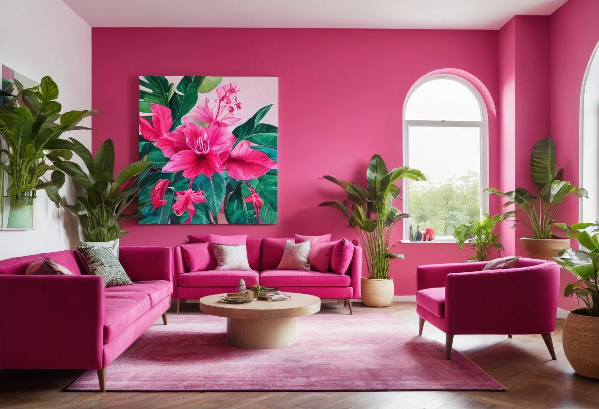 A beautifully designed interior space showcasing vibrant fuchsia accents in furniture and decor, illuminated by soft, natural light. Include lush green plants that contrast with the pink hues, and artistic wall art that adds a touch of joy. The scene should evoke a sense of inspiration and beauty, with an inviting atmosphere. Stylish and modern design elements should be prominent. super-realistic. vibrant colors. natural light.
