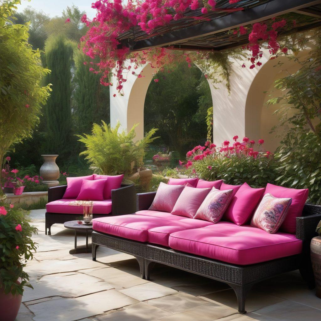 A vibrant garden scene showcasing lush fuchsia flowers in full bloom, elegantly intertwined with modern decor elements like fuchsia-colored cushions and decorative vases. Soft sunlight filters through, highlighting the rich textures and shades of fuchsia, while a serene, stylish patio setting invites viewers to imagine relaxing amidst the beauty. The overall composition should exude a sense of harmony between nature and design. super-realistic. vibrant colors. 3D.