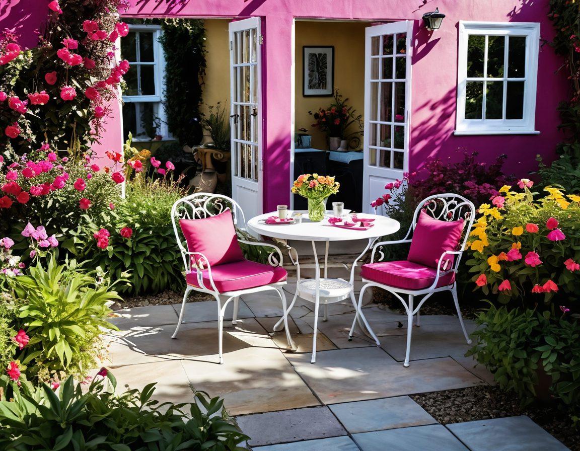 A vibrant garden scene filled with lush fuchsia flowers in full bloom, complemented by stylish garden decor like chic planters and colorful garden furniture. The background features a sunlit patio space with fuchsia-themed cushions and accessories, evoking a sense of elegance and warmth. Bees and butterflies flutter around, adding life to the enchanting atmosphere. super-realistic. vibrant colors. cheerful ambiance.